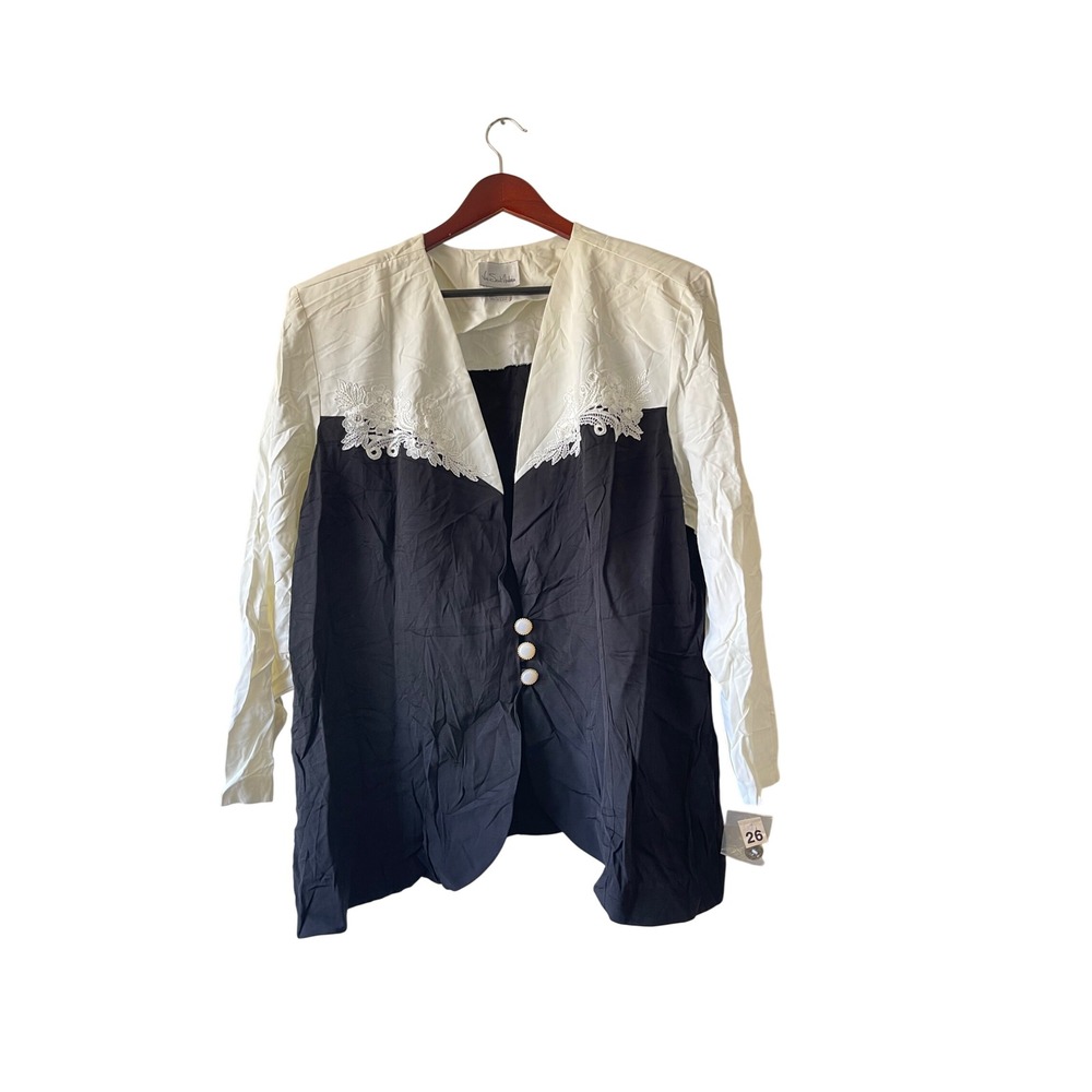 Vintage 80s Colorblock Lace Blazer Jacket Black White Size 3x